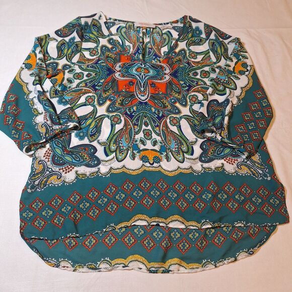 Renee C Green White Paisley Abstract Artsy Satin Short Sleeve Tunic V Neck Sz M - Picture 9 of 9